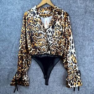 Ellae Lisque Bodysuit Womens‎ Medium Leopard Cheetah Ribbon Bows Mob Wife Satin